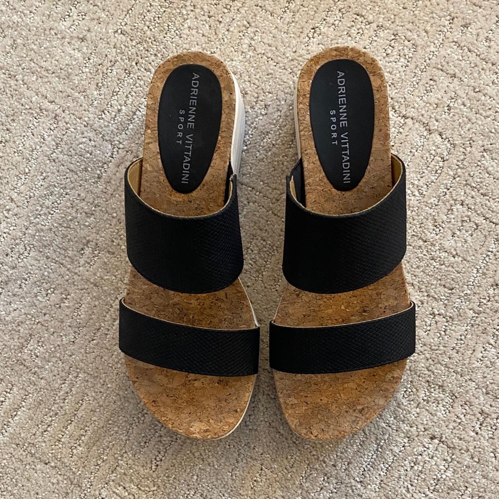Adrienne Vittadini Black Sandals with White Rubber Souls.